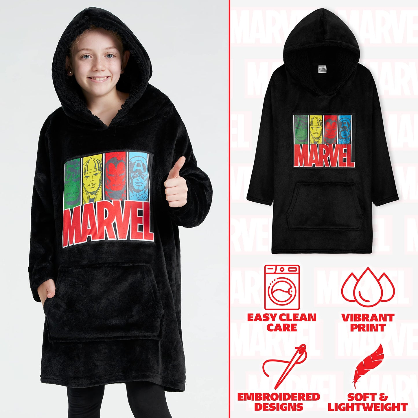 Marvel Oversized Hoodie Blanket for Kids, Black Panther Avengers Gifts for Boys