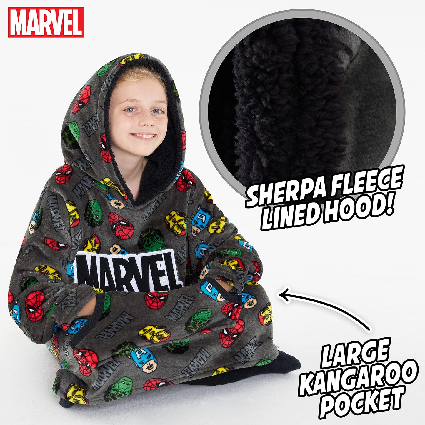 Marvel Oversized Hoodie Blanket for Kids, Black Panther Avengers Gifts for Boys