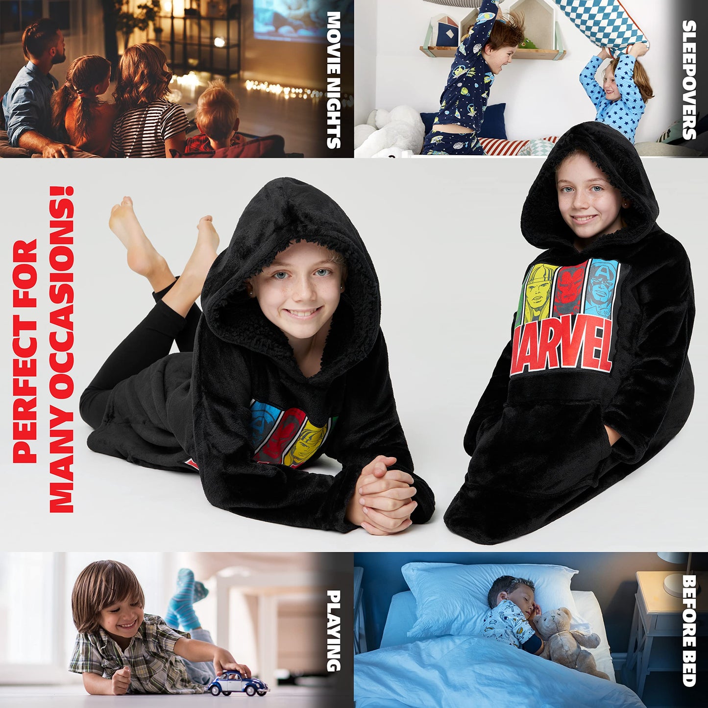 Marvel Oversized Hoodie Blanket for Kids, Black Panther Avengers Gifts for Boys