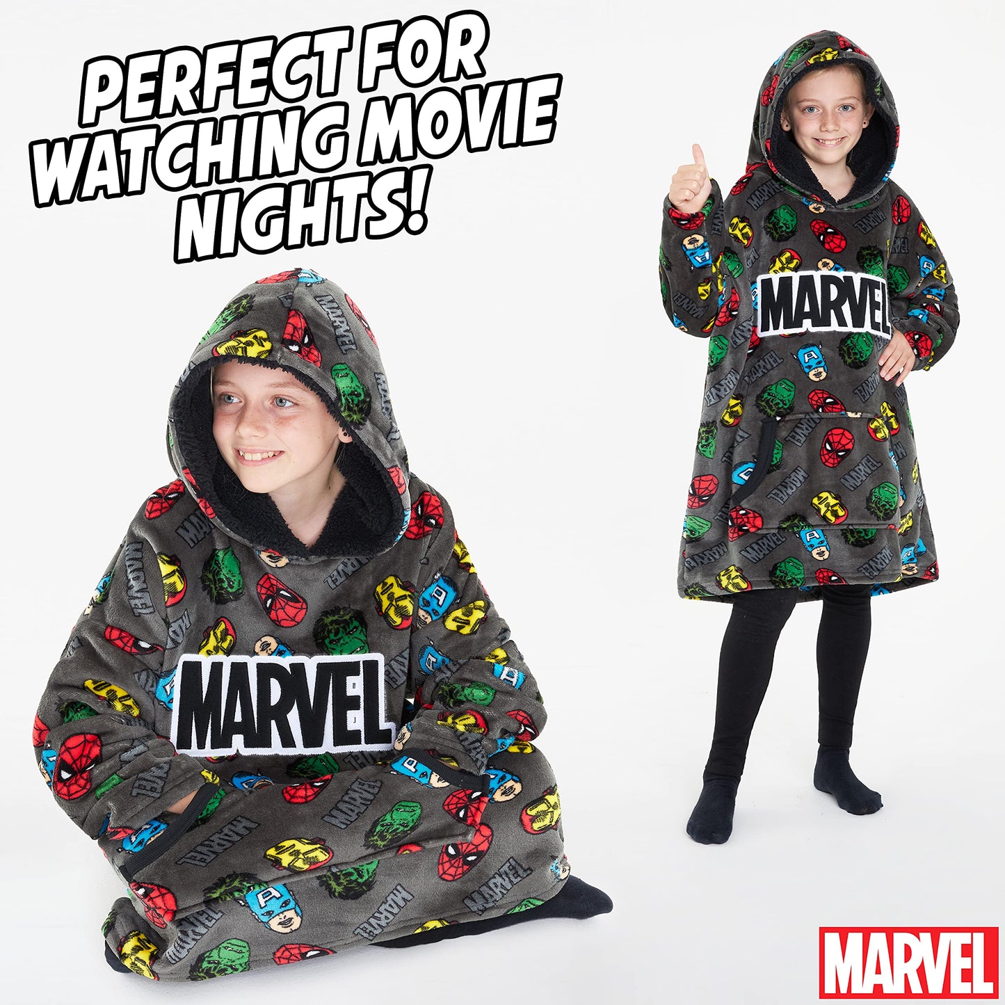 Marvel Oversized Hoodie Blanket for Kids, Black Panther Avengers Gifts for Boys