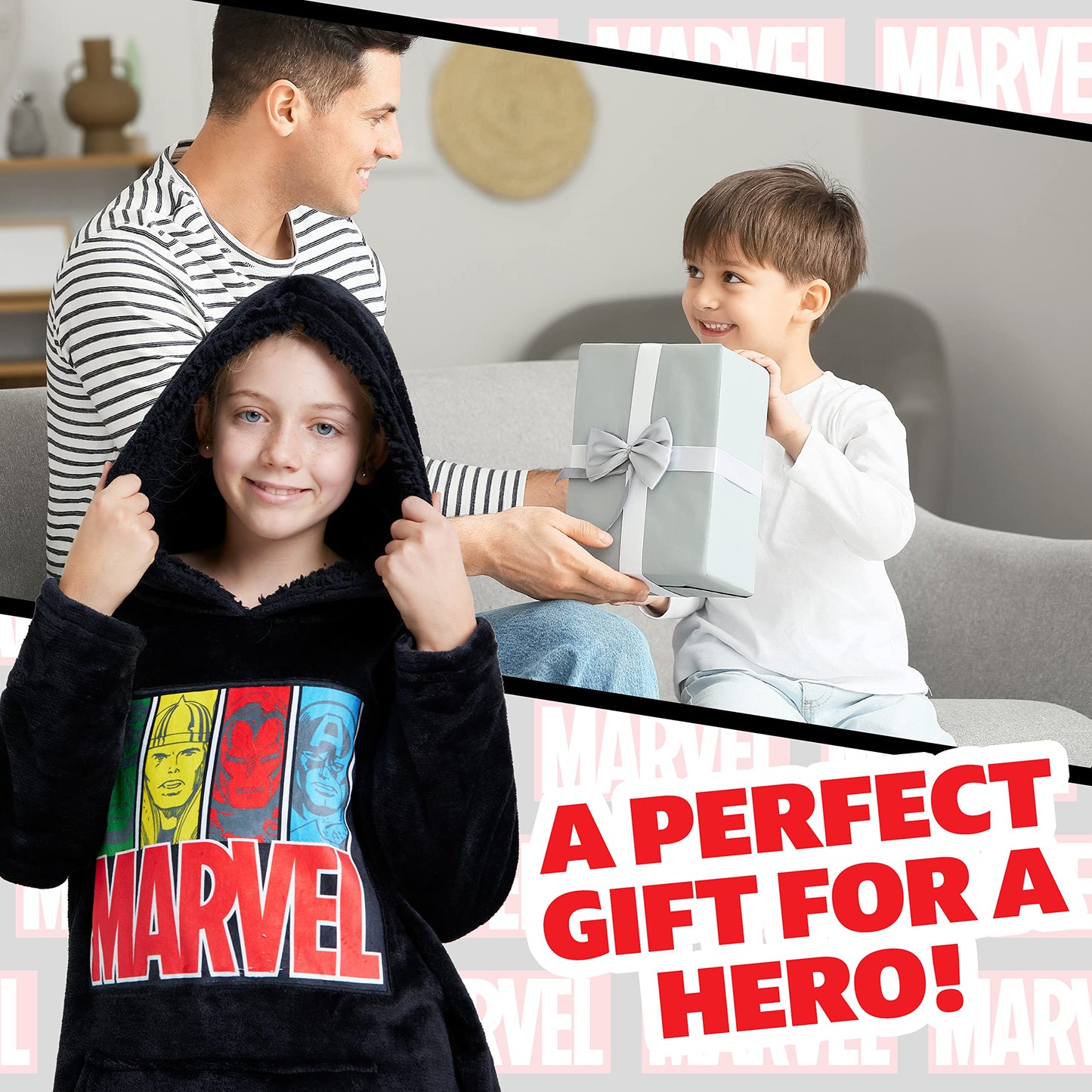 Marvel Oversized Hoodie Blanket for Kids, Black Panther Avengers Gifts for Boys