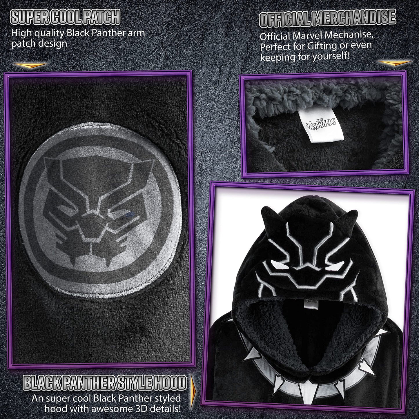 Marvel Oversized Hoodie Blanket for Kids, Black Panther Avengers Gifts for Boys