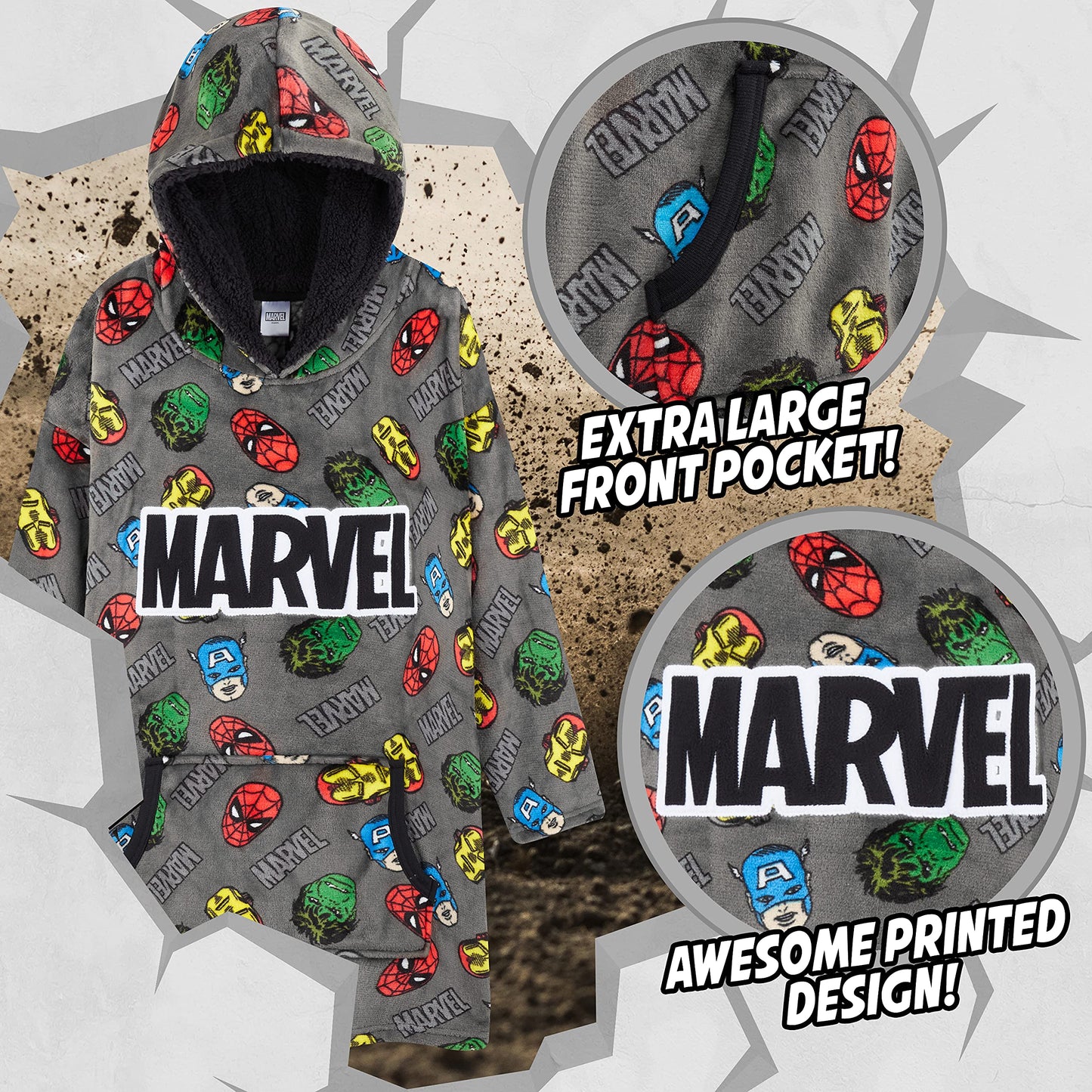 Marvel Oversized Hoodie Blanket for Kids, Black Panther Avengers Gifts for Boys